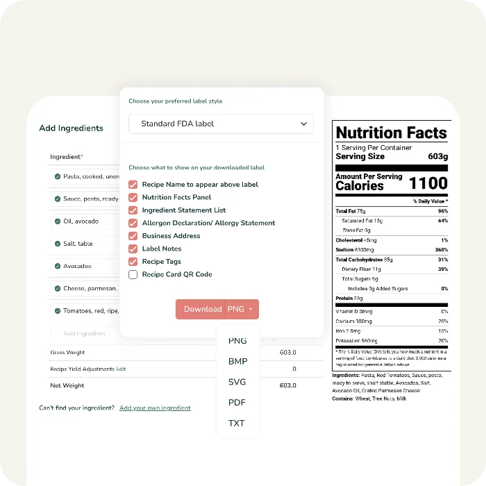 A download menu next to an ingredient list and FDA nutrition facts label showing export options.