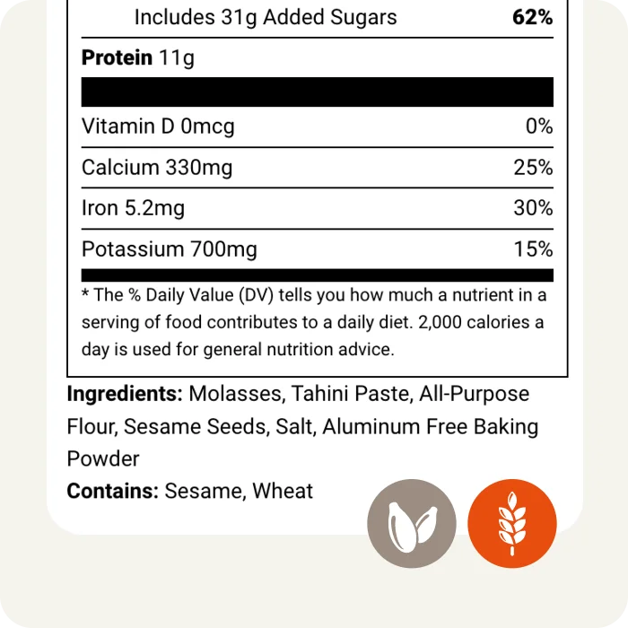 A nutrition facts label showing an automated ingredient statement with clear allergen disclosures and visual icons for sesame and wheat.