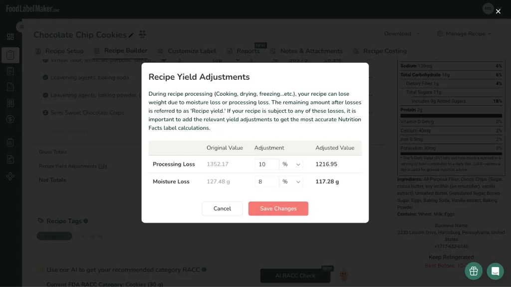 Food Label Maker recipe yield adjustment tool showing moisture loss input field and nutrient density calculation based on finished product weight.