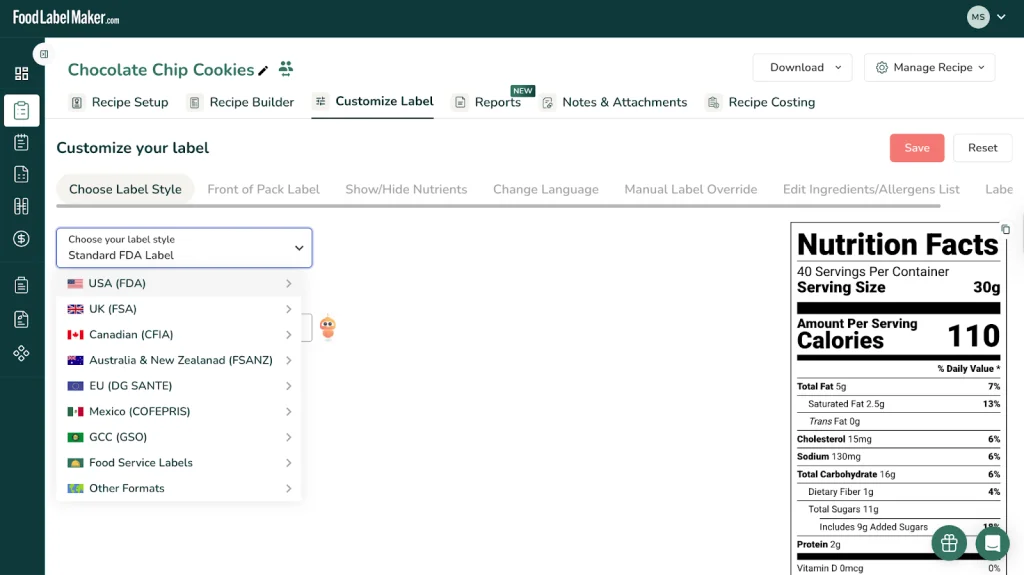 Food Label Maker dashboard showing regulatory compliance settings and label format options for FDA, CFIA, and other global markets.