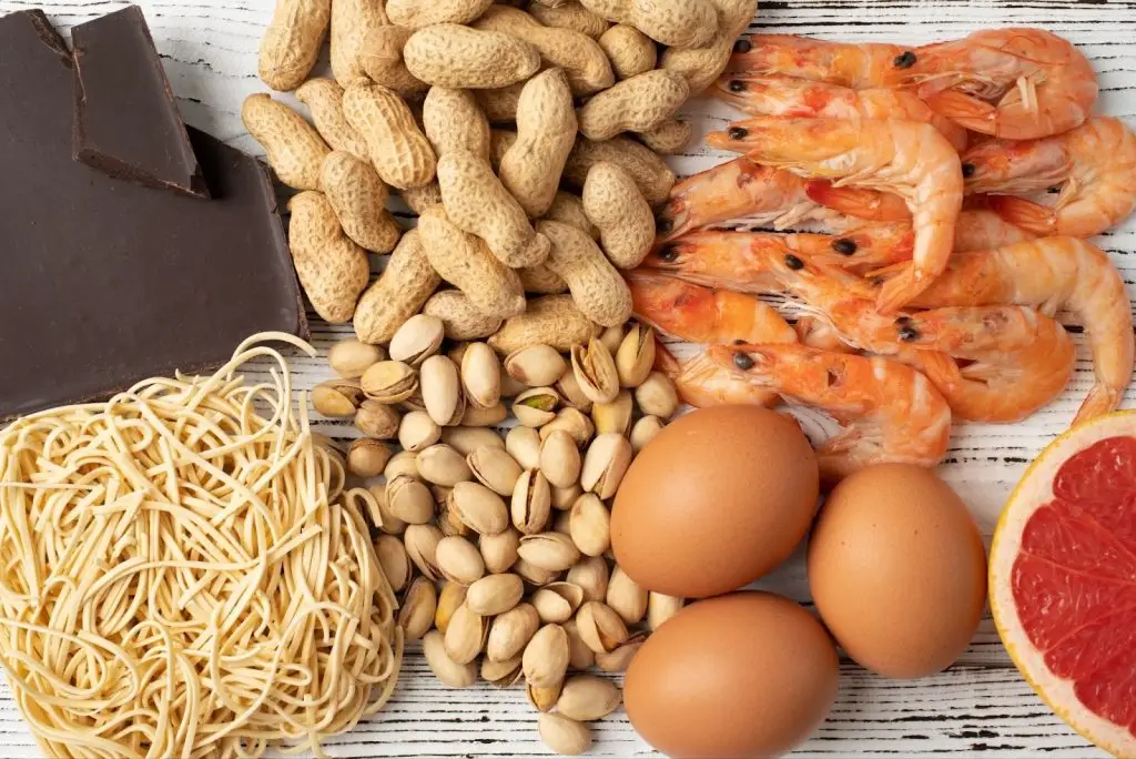 assortment of common food allergens like eggs, shrimp, wheat pasta and nuts.