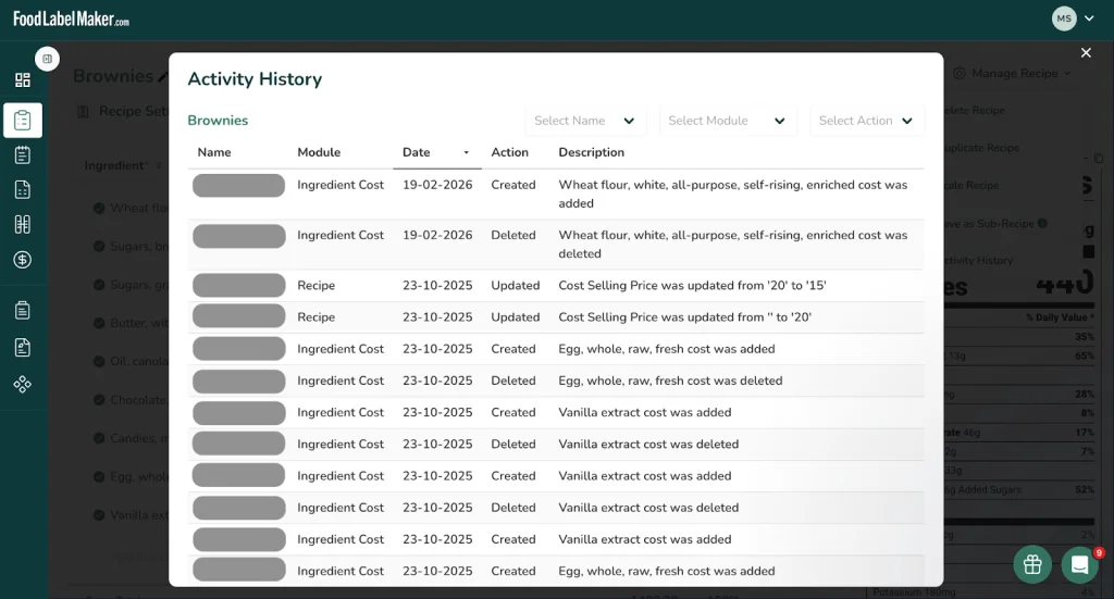 Food Label Maker Activity History log showing timestamped record of recipe and ingredient changes including user name, date, module, action, and description of each modification.