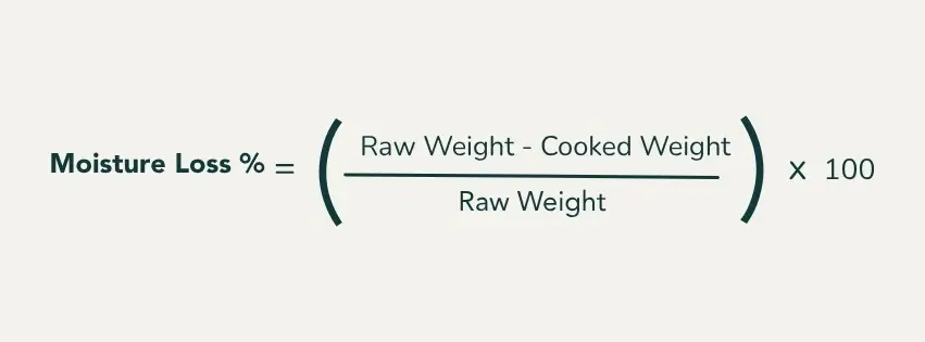 Moisture loss percentage formula: raw weight minus cooked weight, divided by raw weight, multiplied by 100
