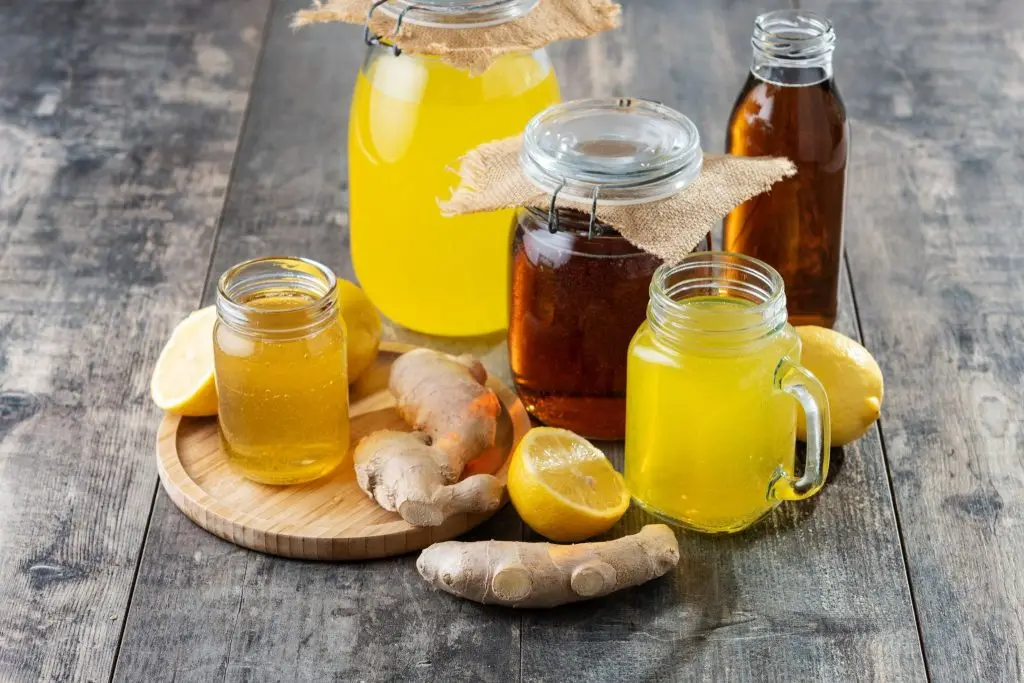 Homemade kombucha in glass jars and bottles with fresh ginger and lemon on a wooden table