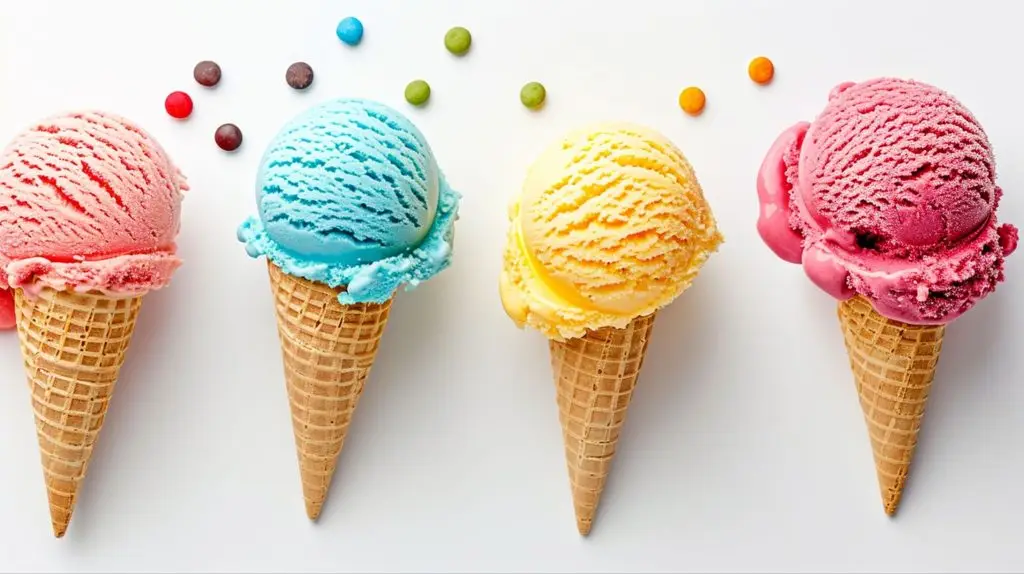 Four colorful ice cream cones with pink, blue, yellow, and purple scoops on a white background with scattered candy pieces