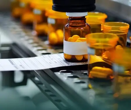 Amber prescription bottles filled with tablets on an automated pharmaceutical labeling and packaging line.