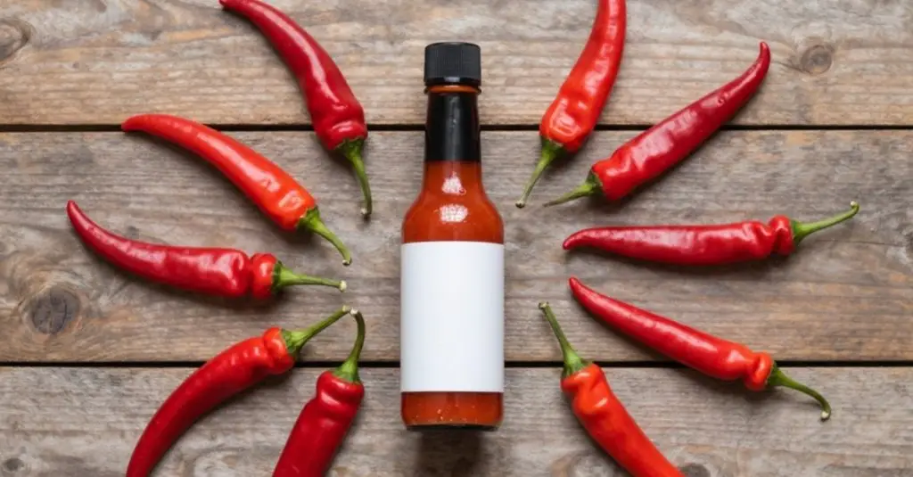 botella de salsa picante con etiqueta en blanco rodeada de chiles rojos, lista para una etiqueta de información nutricional conforme