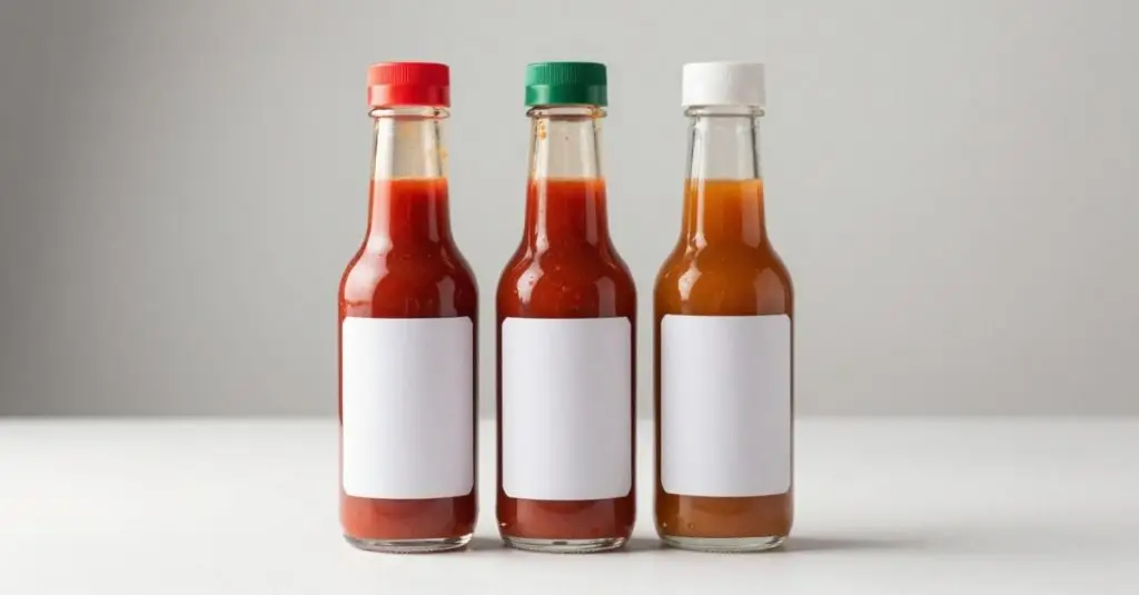 Tres botellas de vidrio tipo woozy de salsa picante con etiquetas blancas en blanco, listas para cumplir con la etiqueta nutricional de la FDA