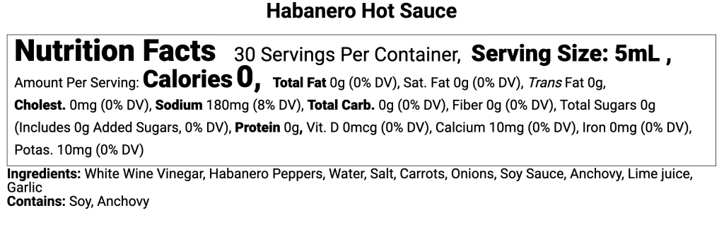 Etiqueta nutricional de salsa picante en el formato lineal de la FDA para botellas pequeñas