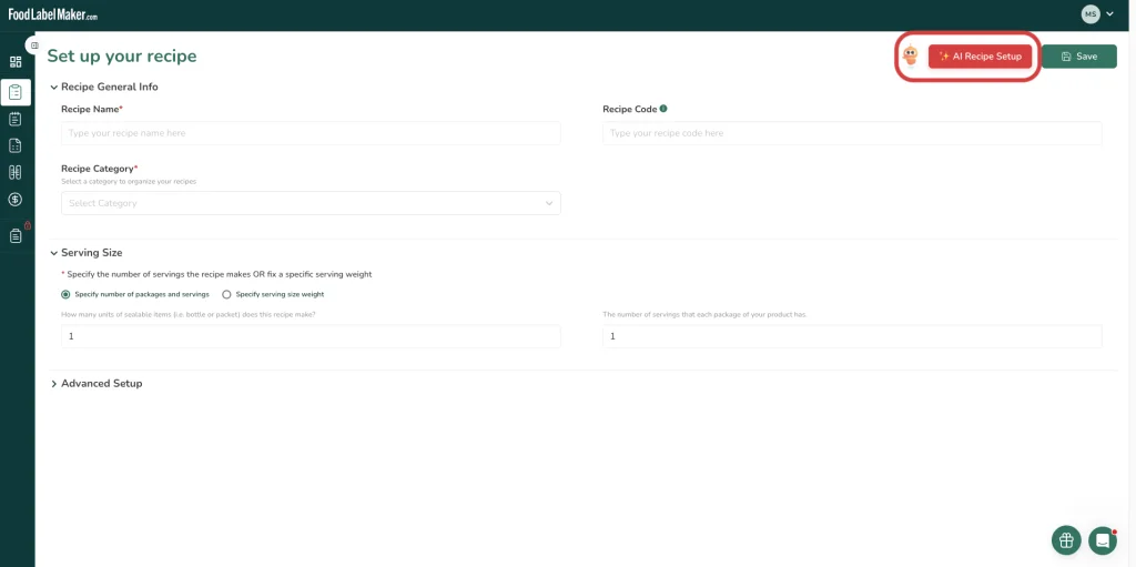 Pantalla de Configuración de receta de Food Label Maker con la opción de Configuración de receta con IA resaltada para crear una etiqueta nutricional de cecina de ternera