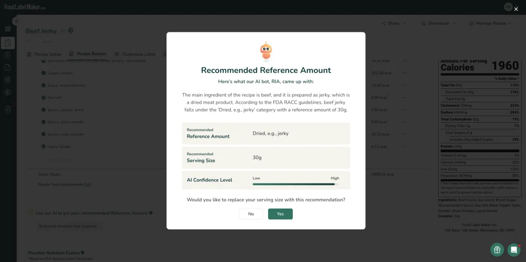Verificación de RACC con IA de Food Label Maker que recomienda la cantidad de referencia de 30 g «Seca, p. ej., cecina» para el tamaño de porción de la receta