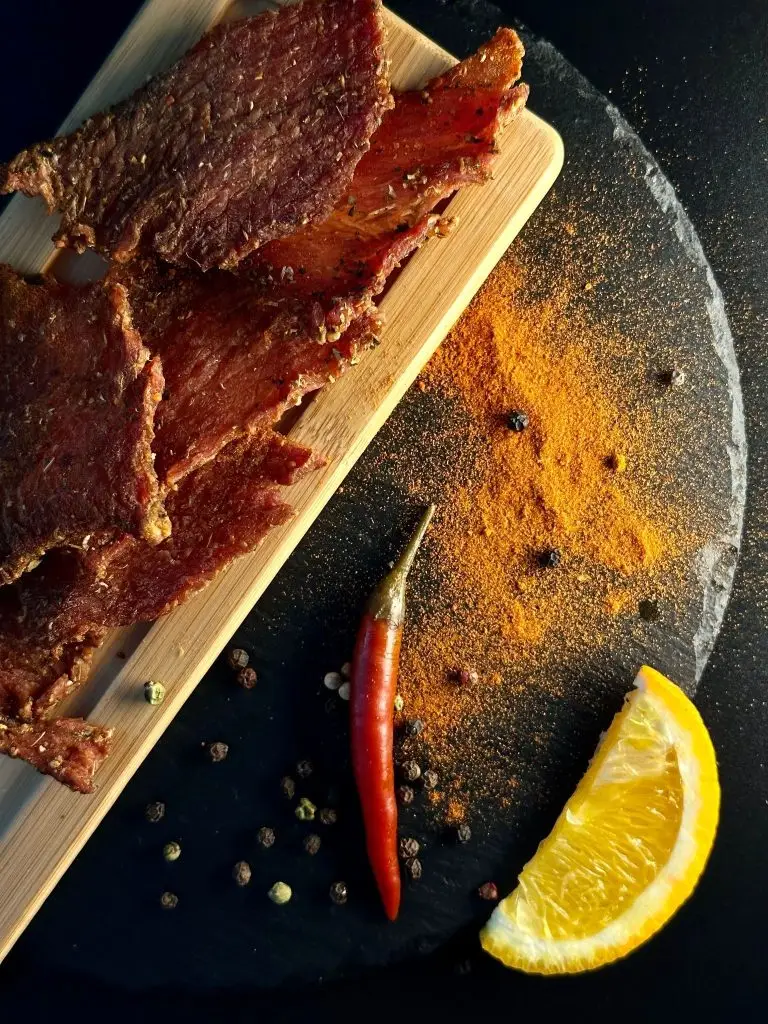 Cecina de ternera en lonchas sobre una tabla oscura con guindilla, granos de pimienta negra y polvo de especias, que representa la receta utilizada en esta guía de etiqueta nutricional de cecina de ternera