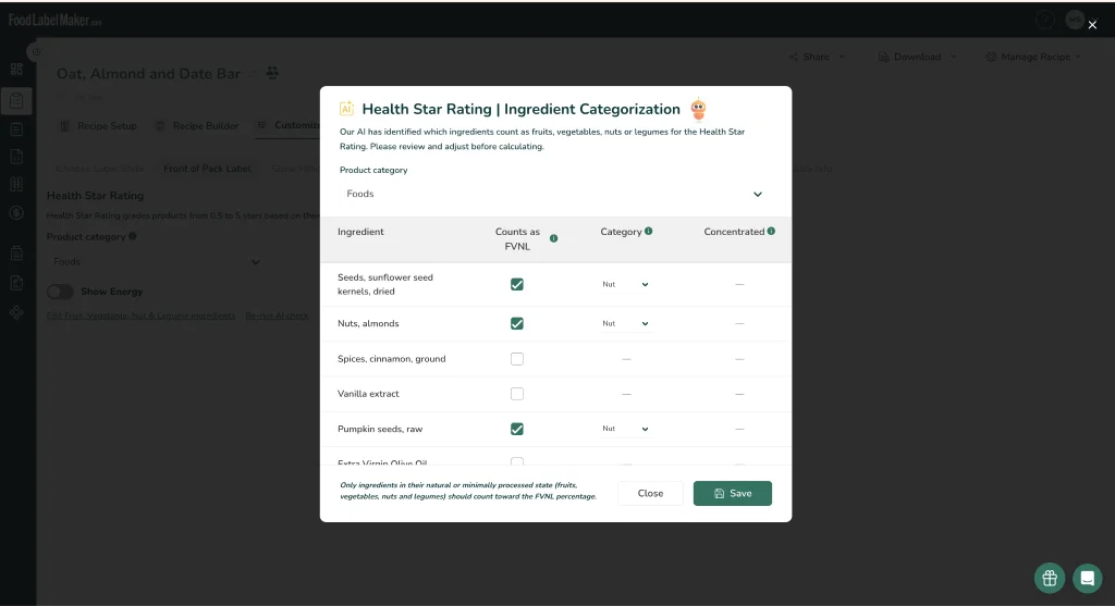 Reviewing fruit, vegetable, nut and legume ingredients for the Health Star Rating calculation