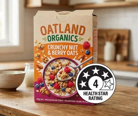 Oatland Organics Crunchy Nut & Berry Oats cereal box with a 4 Health Star Rating