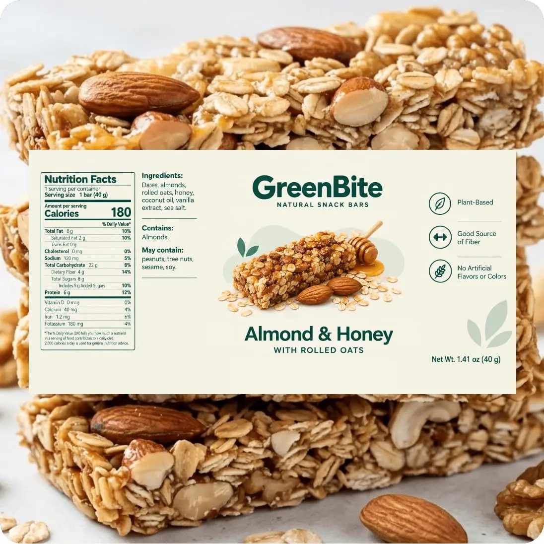 Almond and honey snack bar packaging with an FDA Nutrition Facts label, ingredient list, allergen information, and product claims.