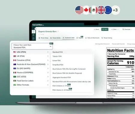 Food Label Maker software displaying international nutrition label formats for the USA, Canada, UK, EU, Mexico, and other regions, alongside an FDA Nutrition Facts label preview.