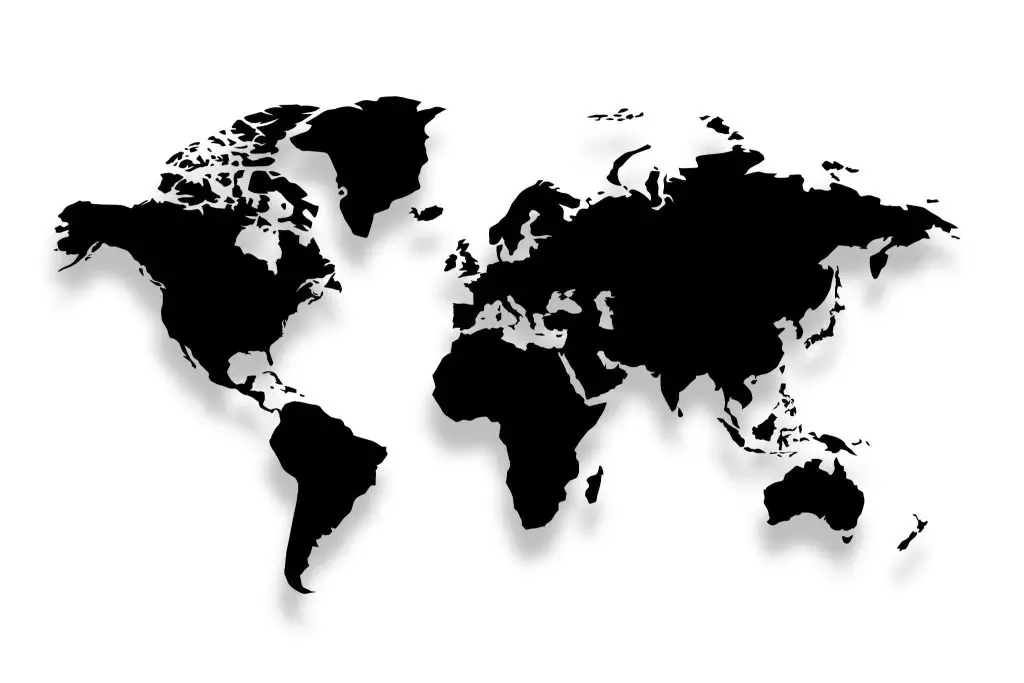 Clean black world map in silhouette style