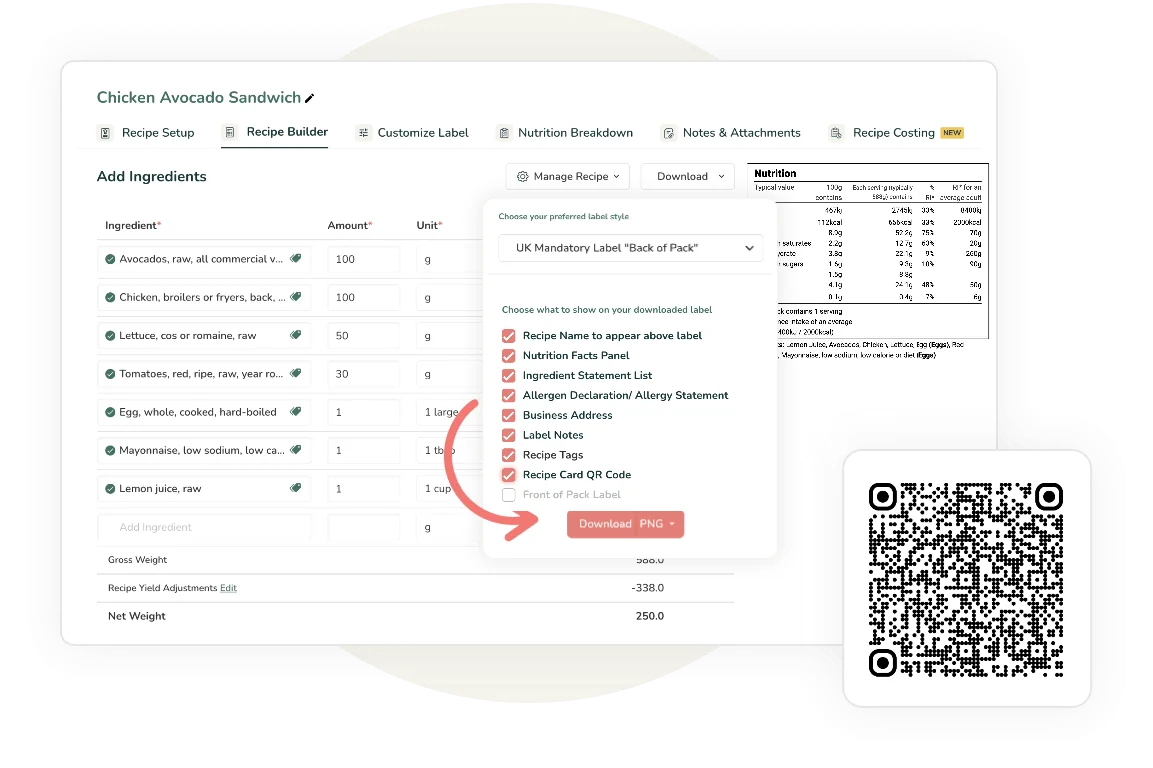 Recipe builder interface for Chicken Avocado Sandwich with customizable UK back-of-pack label download options and preview showing nutrition table with QR code